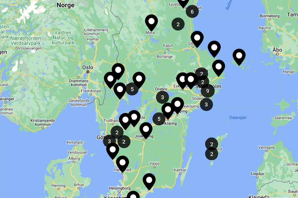 En karta med pluppar, över Sverige.